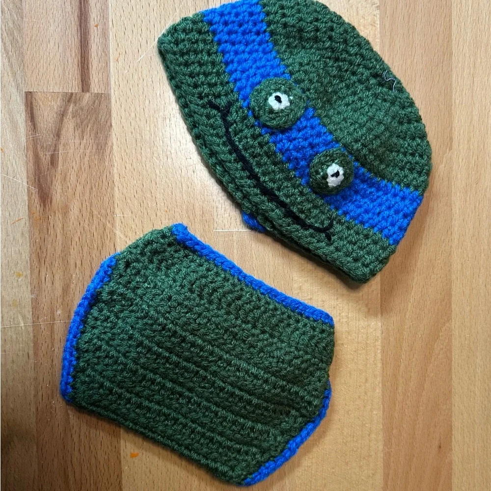 Green and Blue Kids Crochet Hat and Diaper Cover Set
